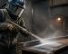 Industrial sandblasting process with protective equipment and dust removal