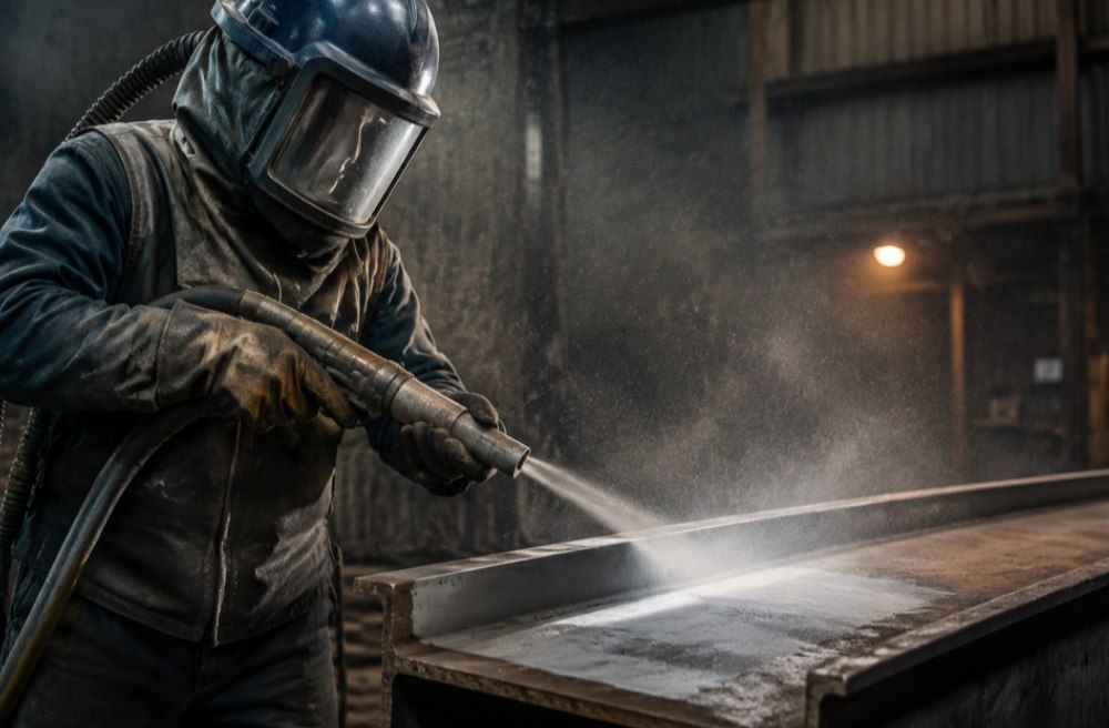 Industrial sandblasting process with protective equipment and dust removal