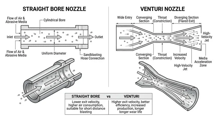 مقایسه طراحی داخلی نازل سندبلاست Straight Bore و Venturi در یک اینفوگرافیک شماتیک