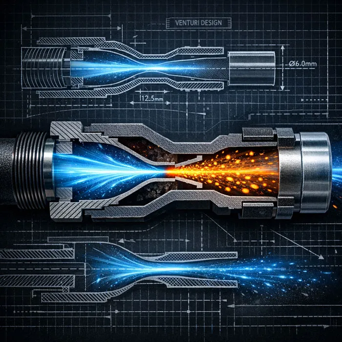 نمای برشخورده سهبعدی از نازل سندبلاست صنعتی با هندسه ونتوری، عبور هوای آبی و ذرات ساینده نارنجی درون مجرای داخلی